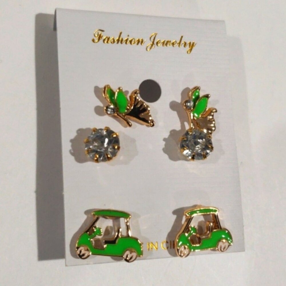 Gold Tone Green Golf Cart, Fairy, & Crystal Stud Earrings Set - Women's Jewelry